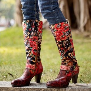 SOFFIA | WOMENS GENUINE LEATHER PEONY PAISLEY BOHO KNEE BOOTS-size 39 (US 8.5/9)